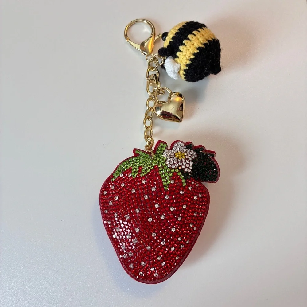 Eye Candy Los Angeles Crochet Bumble Bee Beaded Strawberry Bag Charm Keychain